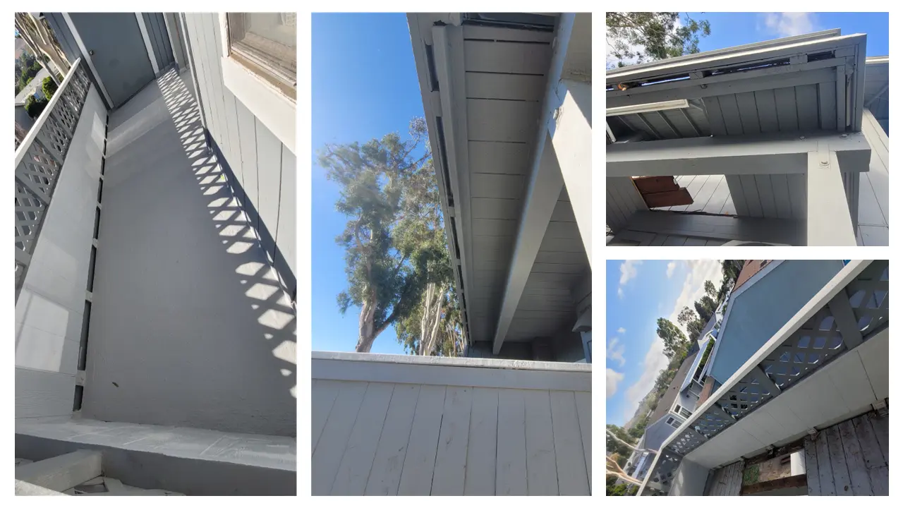 Set of four photos tiled together showing a grey coated balcony deck with lattice railing, the painted soffit and beams seen from below, and a railing detail