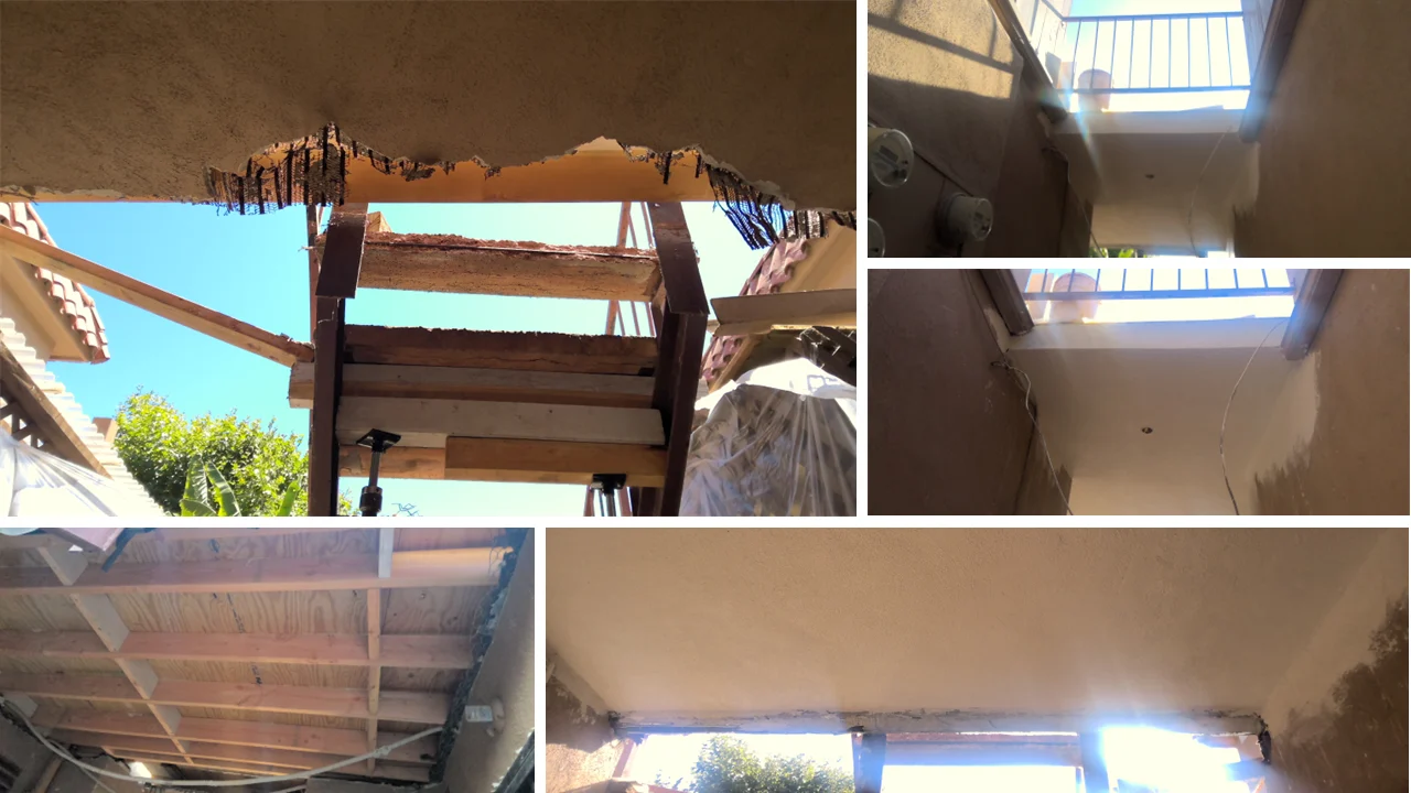 Set of five photos tiled together showing a balcony soffit opened up to expose old lath and framing, and the same soffit rebuilt and finished flat and white