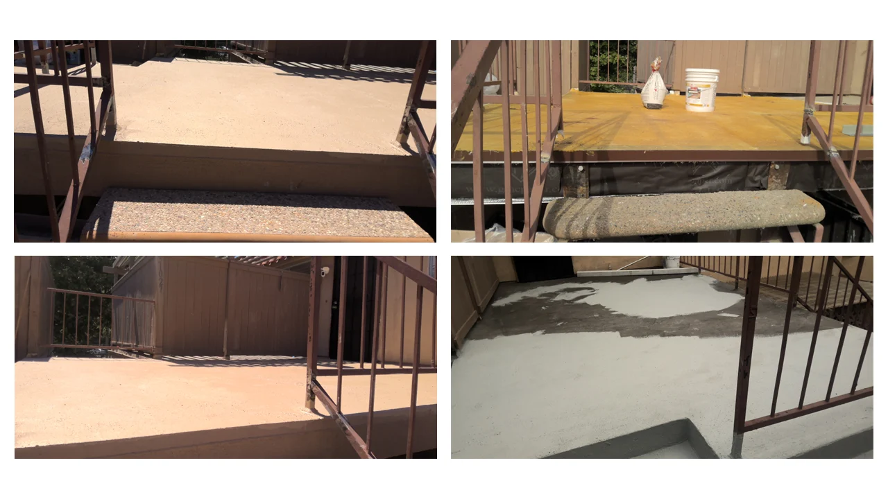 Set of four photos tiled together showing a balcony landing deck at four points in a coating job, from the bare deck through a wet coat to the finished grey surface, with a brown metal railing throughout