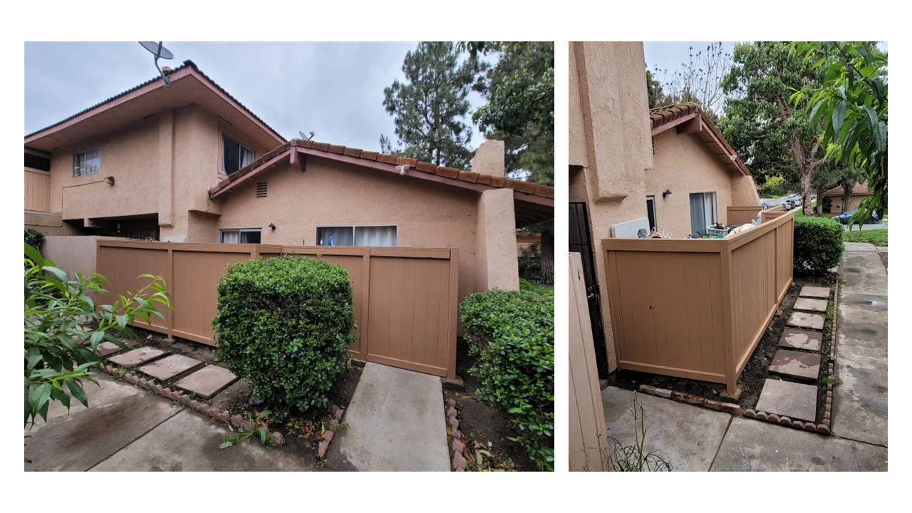 Set of two photos tiled together showing a new brown patio fence enclosing a paved side yard at a tile-roofed townhome community
