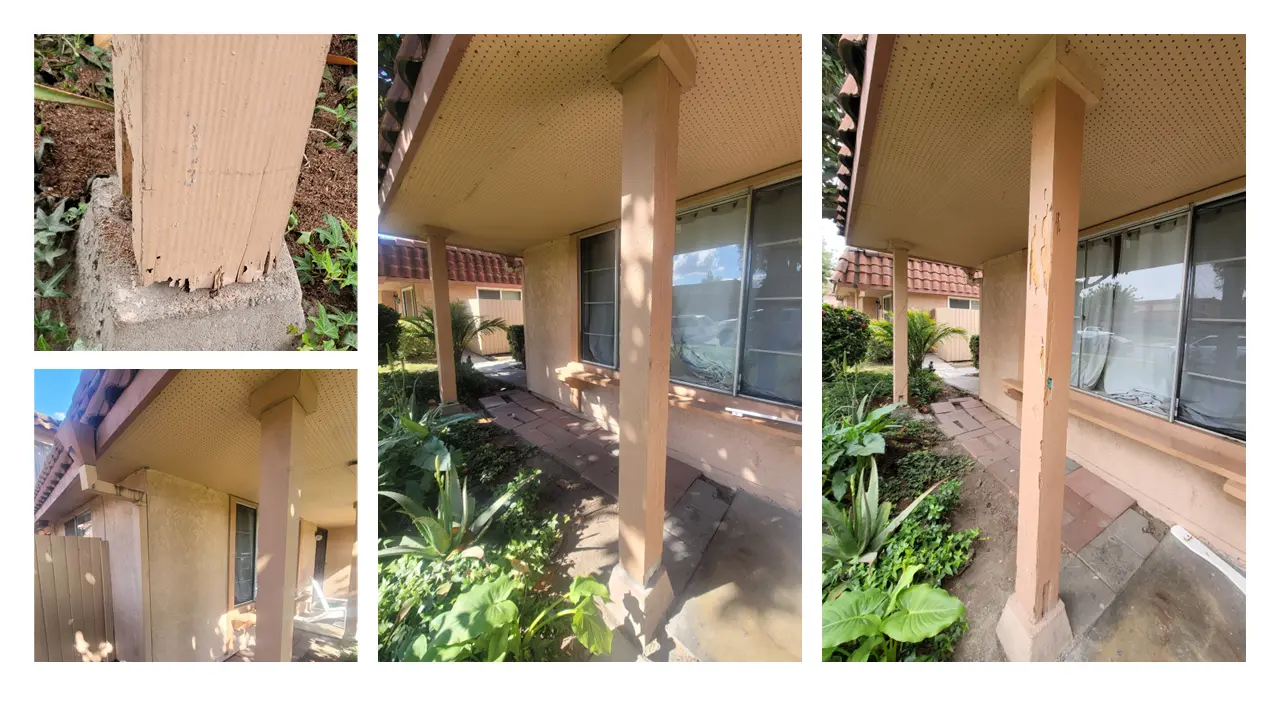 Set of four photos tiled together showing a badly rotted wood post at its base and stucco-clad columns along a covered walkway with visible damage